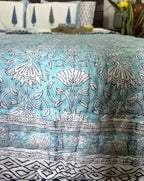 Sky Blue Flower Jaal Patterns Bedsheet & Quilt/ Razai Set - Hand Block Printed