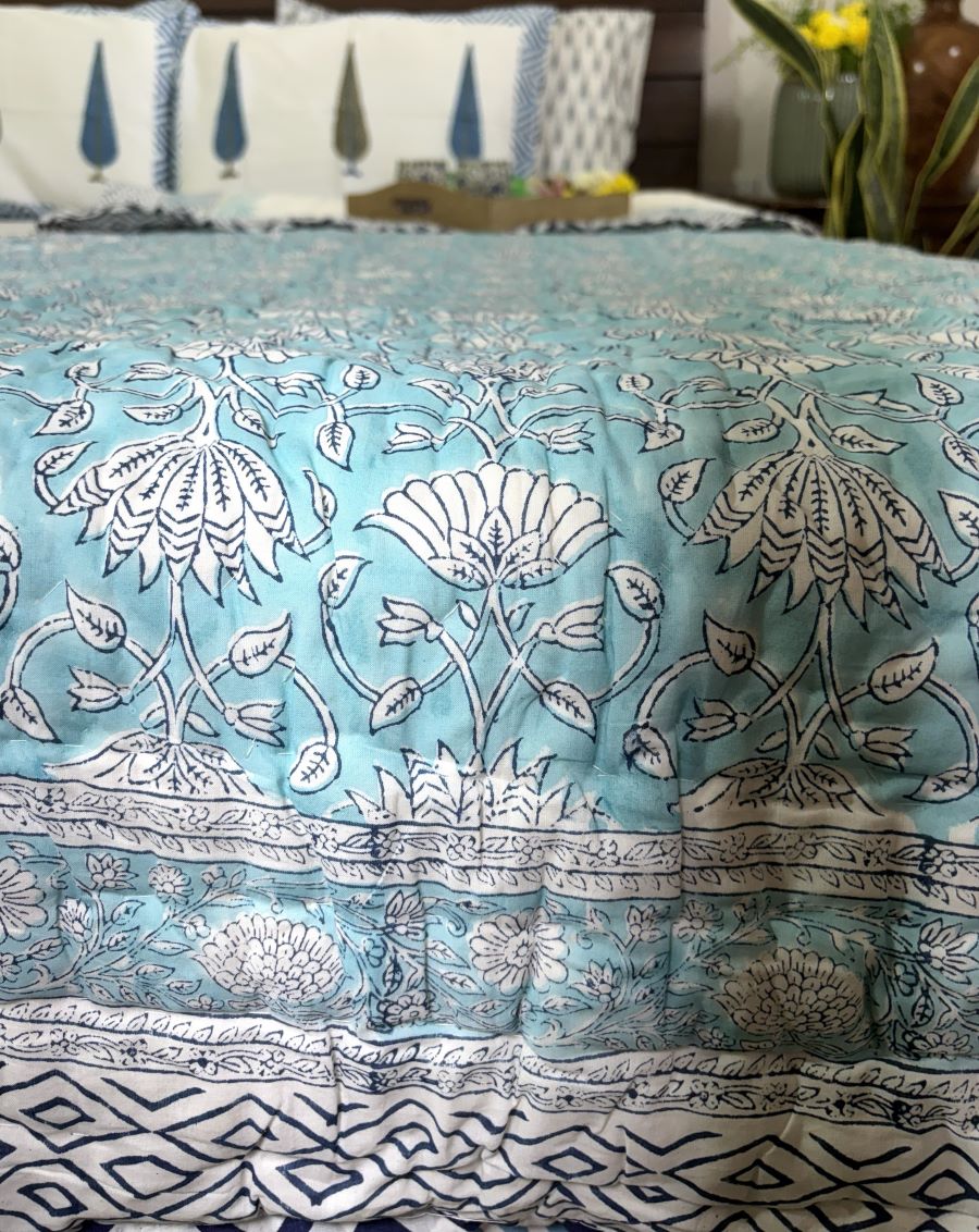 Sky Blue Flower Jaal Patterns Bedsheet & Quilt/ Razai Set - Hand Block Printed