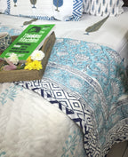 Sky Blue Flower Jaal Patterns Bedsheet & Quilt/ Razai Set - Hand Block Printed