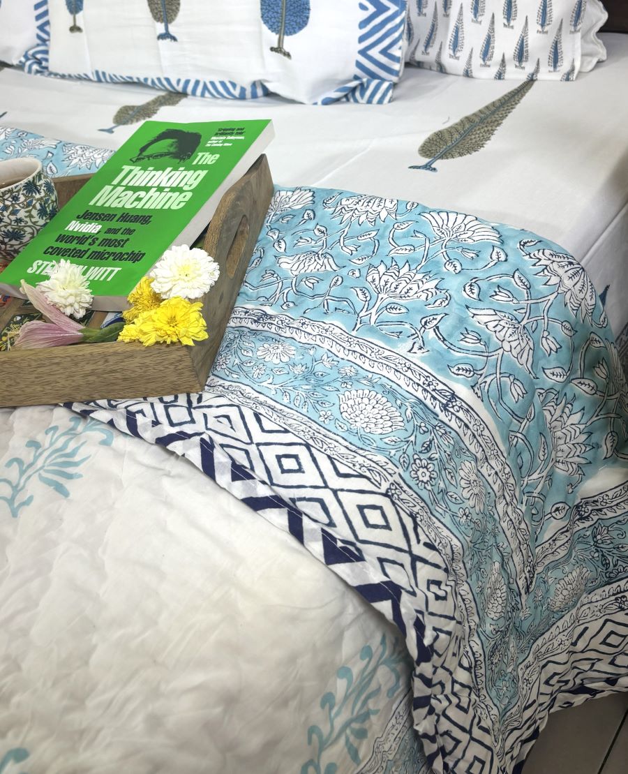 Sky Blue Flower Jaal Patterns Bedsheet & Quilt/ Razai Set - Hand Block Printed