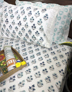 Blue & Grey Small Butta Patterns Bedsheet & Quilt/ Razai Set - Hand Block Printed