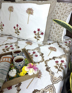 Brown Lilly Flower Jaal  Hand Block Bedsheet with 2 Pillow Cover Set - 220TC