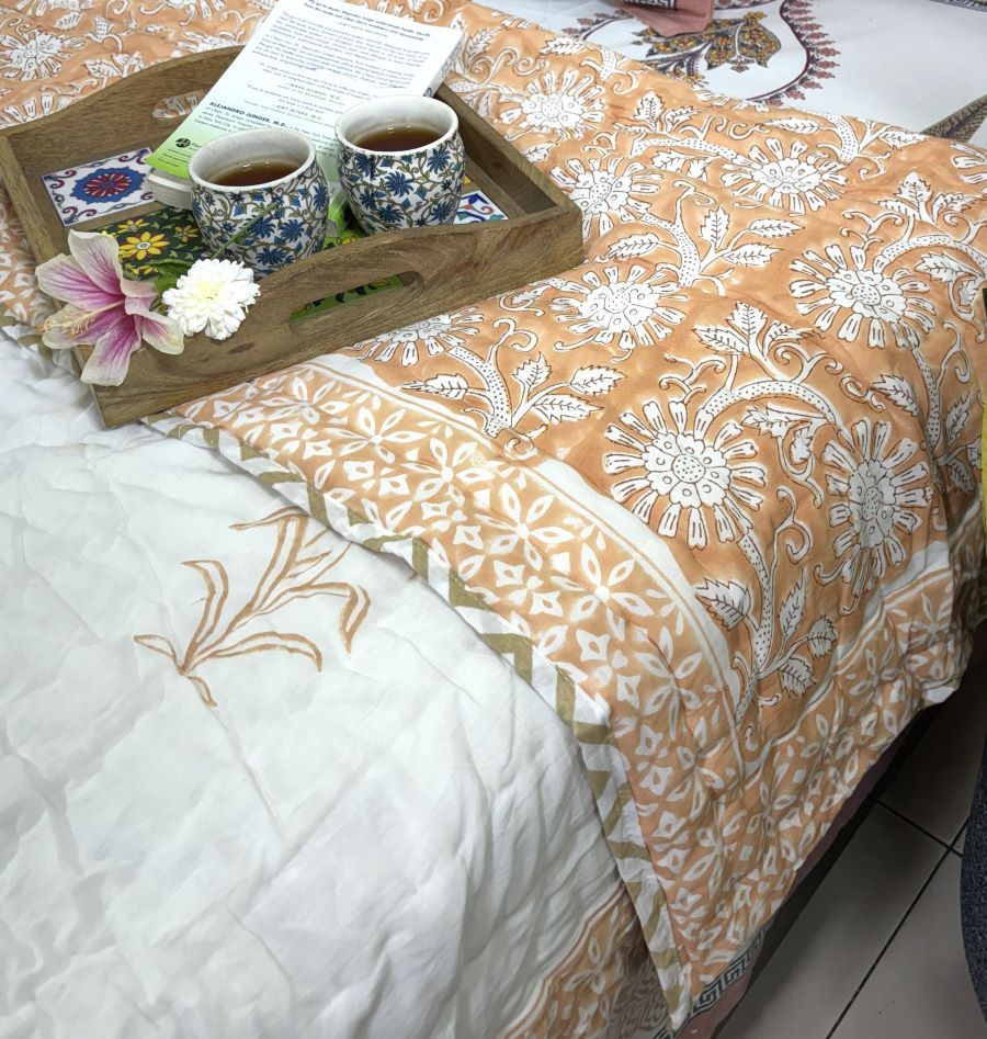 Orange Round Flower Jaal Patterns Hand Block Quilt/ Razai