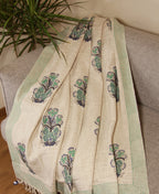 Green Flower Jute Fabric Hand Block Sofa Throw