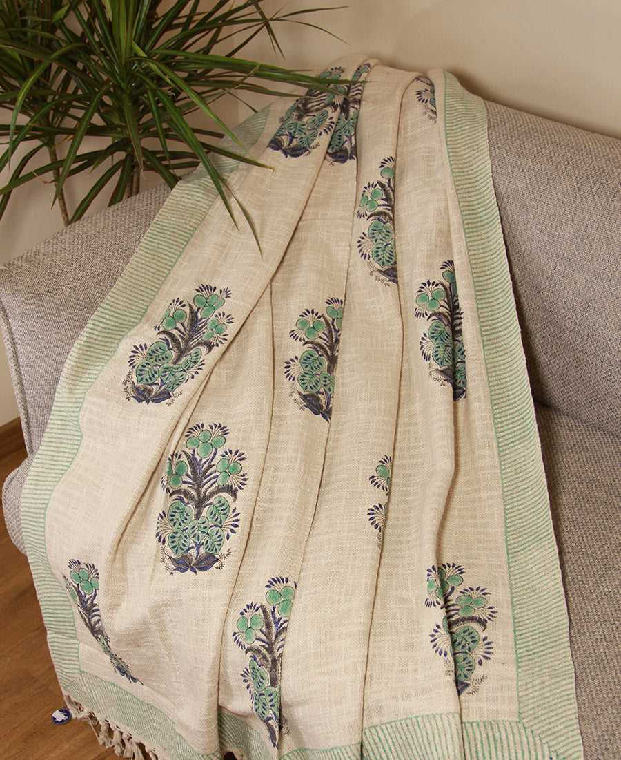 Green Flower Jute Fabric Hand Block Sofa Throw