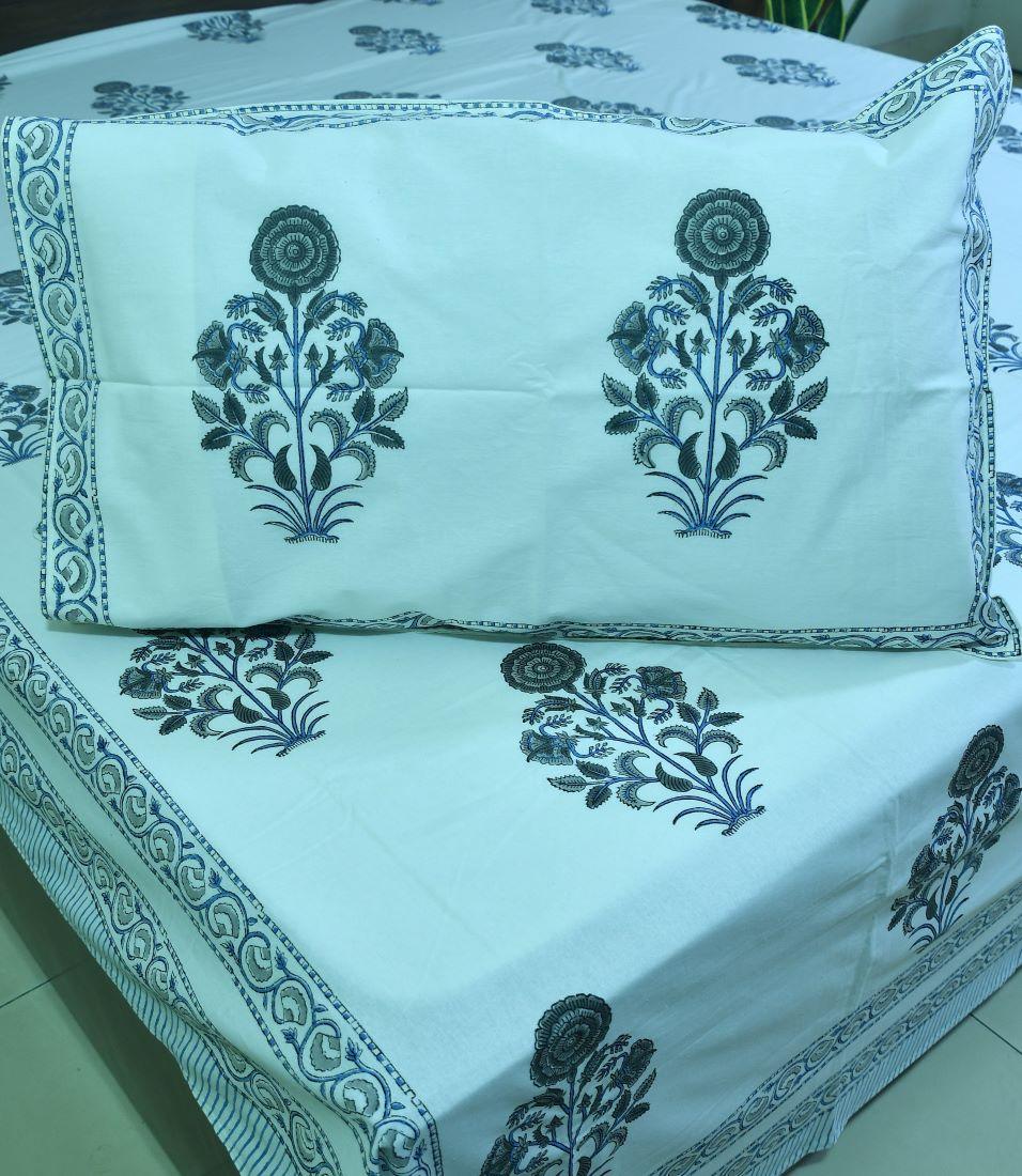 Sunflower Grey & Light Blue Hand Block Bedsheet with 2 Pillow Cover Set - 280TC