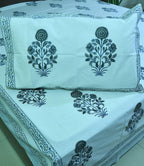 Sunflower Grey & Light Blue Hand Block Bedsheet with 2 Pillow Cover Set - 280TC