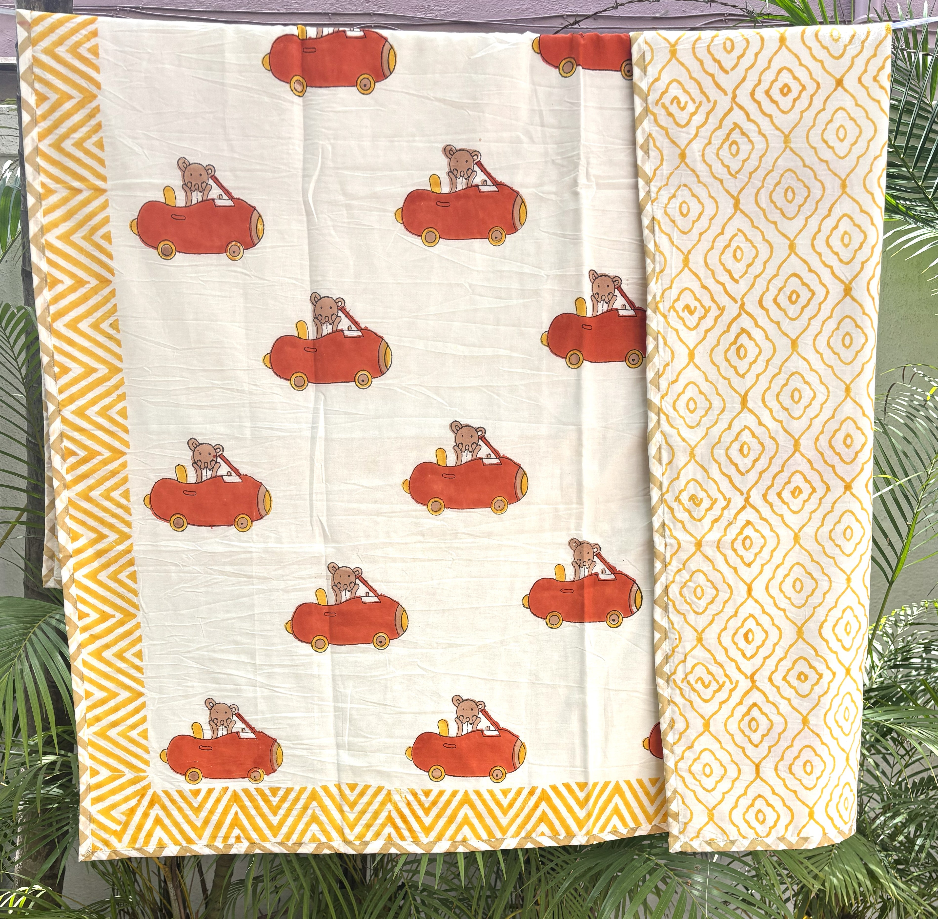 Red Car Hand Block Printed  Baby Dohar