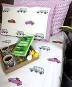Pink,Blue & Brown Car Hand Block Bedsheet with 1 Pillow Cover- 220TC
