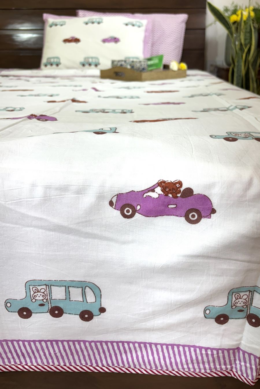 Pink, Blue Brown Car Design Hand Block Dohar
