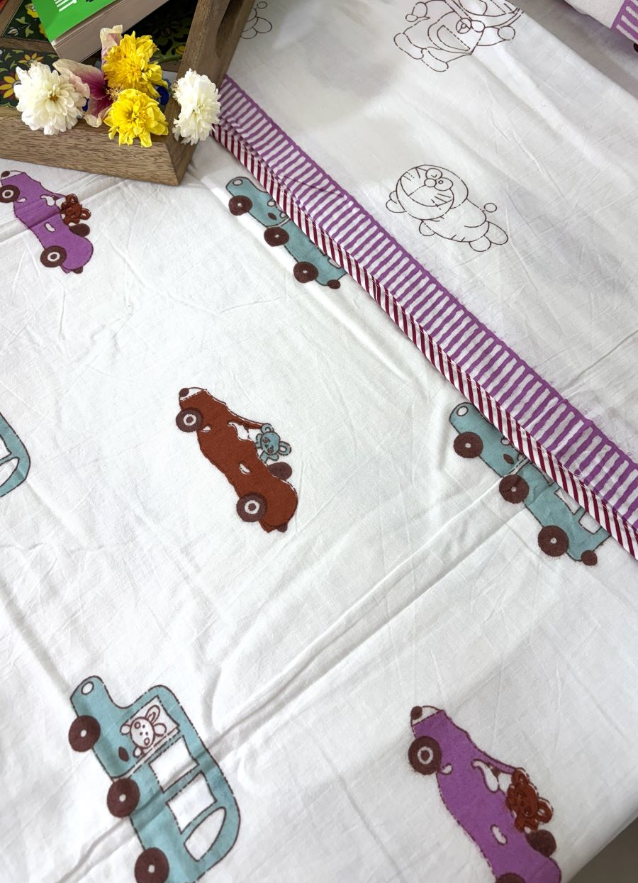 Pink, Blue Brown Car Design Hand Block Dohar