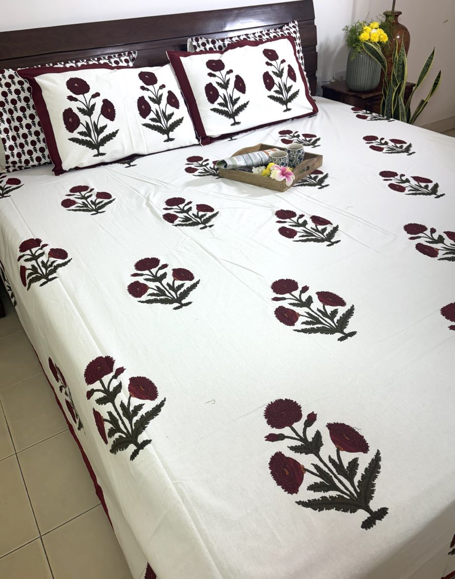 Maroon Marigold Hand Block Bedsheet with 2 Pillow Cover Set - 220TC