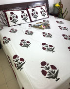 Maroon Marigold Hand Block Bedsheet with 2 Pillow Cover Set - 220TC
