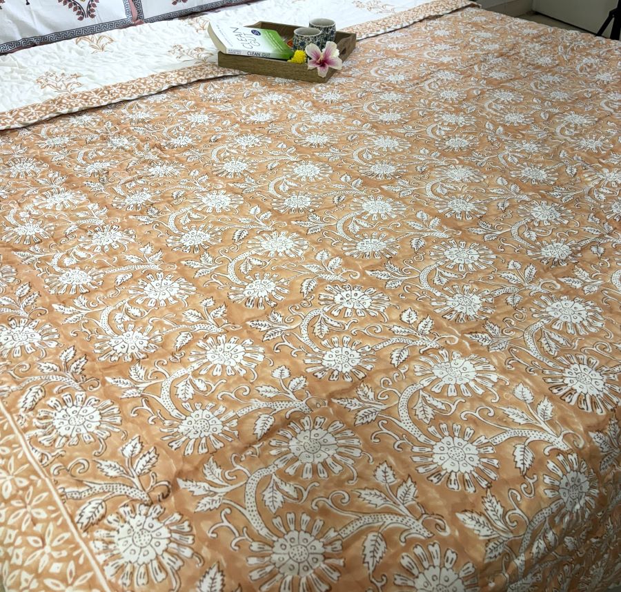 Orange Round Flower Jaal Patterns Bedsheet & Quilt/ Razai Set - Hand Block Printed