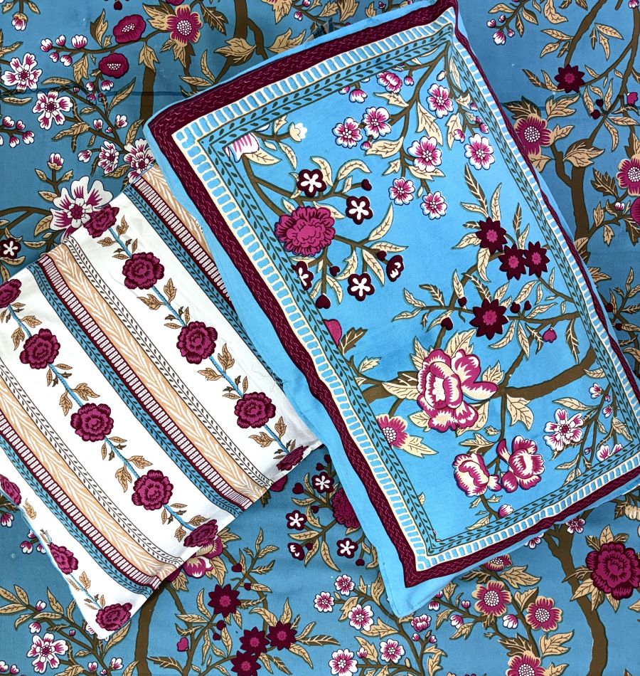 Morning at the Mughal Gardens Hand Block Bedsheet with 2 Pillow Cover Set - 220TC