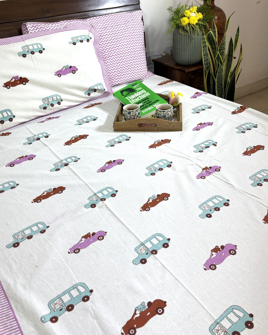 Pink,Blue & Brown Car Hand Block Bedsheet with 1 Pillow Cover- 220TC