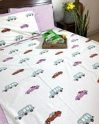 Pink,Blue & Brown Car Hand Block Bedsheet with 1 Pillow Cover- 220TC