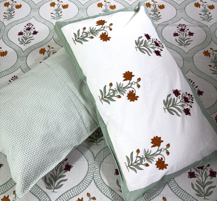 Floral Jaal Pink & Yellow Lilly Hand Block Bedsheet with 2 Pillow Cover Set - 220TC