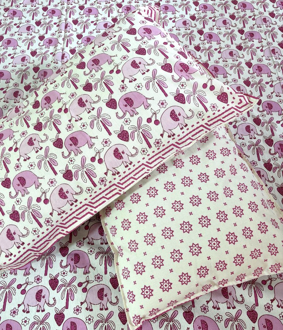 Pink Baby Elephant Hand Block Bedsheet with 1 Pillow Cover- 220TC