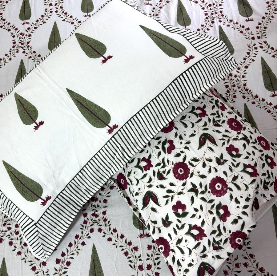 Green & Maroon Tree of Life Patterns Hand Block Bedsheet with 2 Pillow Cover Set - 400TC