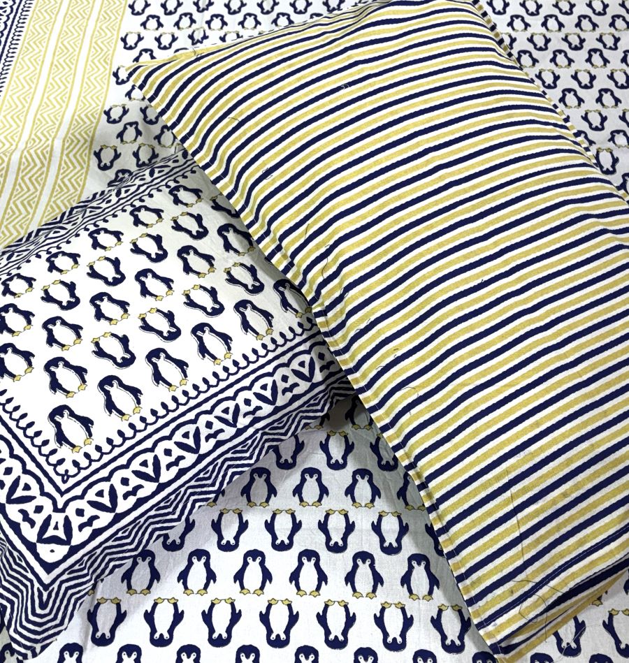 Blue Penguin Hand Block Bedsheet with 1 Pillow Cover- 220TC