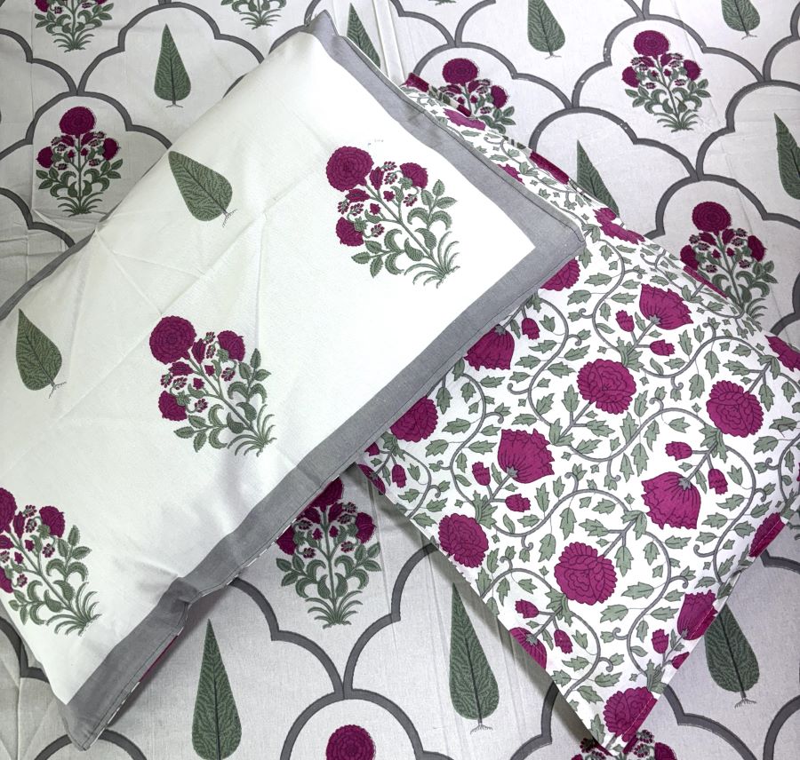 Pink Gulbahar Sunflower Hand Block Bedsheet with 2 Pillow Cover Set - 220TC