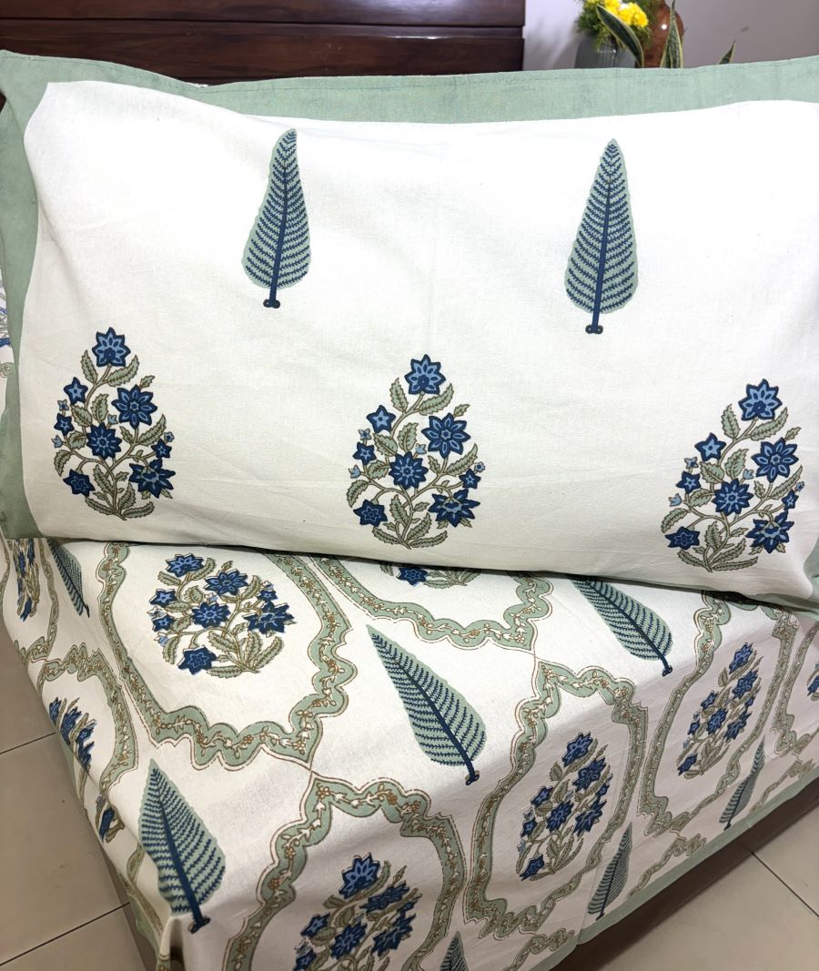 Blue Gulbahar Jaal Hand Block Bedsheet with 2 Pillow Cover Set - 220TC