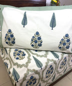 Blue Gulbahar Jaal Hand Block Bedsheet with 2 Pillow Cover Set - 220TC