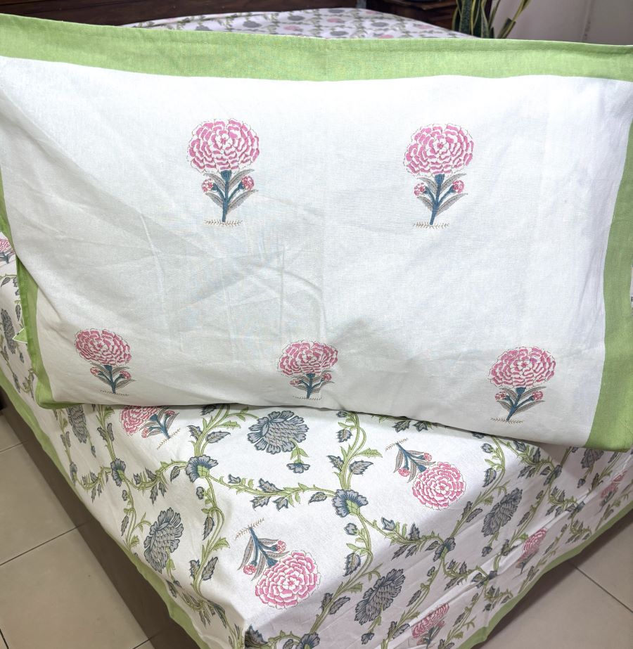 Jacobean floral Pink & Grey Hand Block Bedsheet with 2 Pillow Cover Set - 220TC