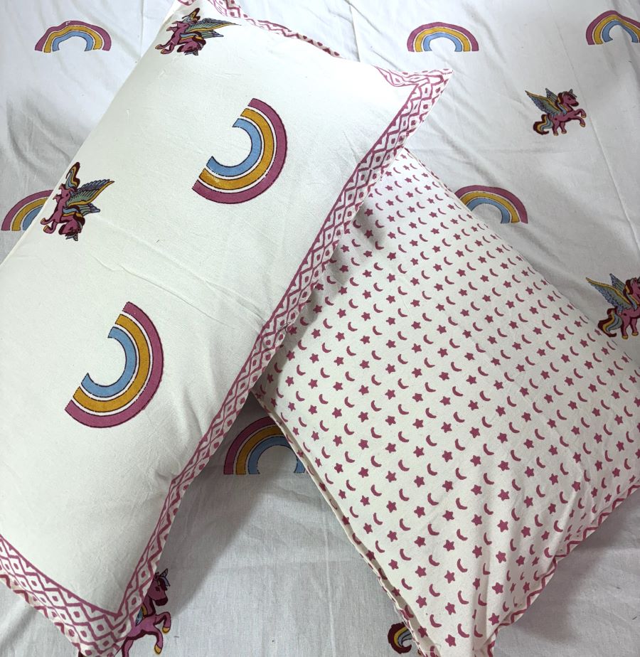 Multicolor Rainbow Unicorn Hand Block Bedsheet with 1 Pillow Cover- 220TC