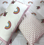 Multicolor Rainbow Unicorn Hand Block Bedsheet with 1 Pillow Cover- 220TC