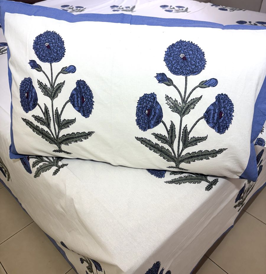 Blue Marigold Hand Block Bedsheet with 2 Pillow Cover Set - 220TC