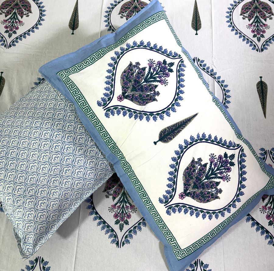 Blue Lily of Valleys Hand Block Bedsheet with 2 Pillow Cover Set - 220TC
