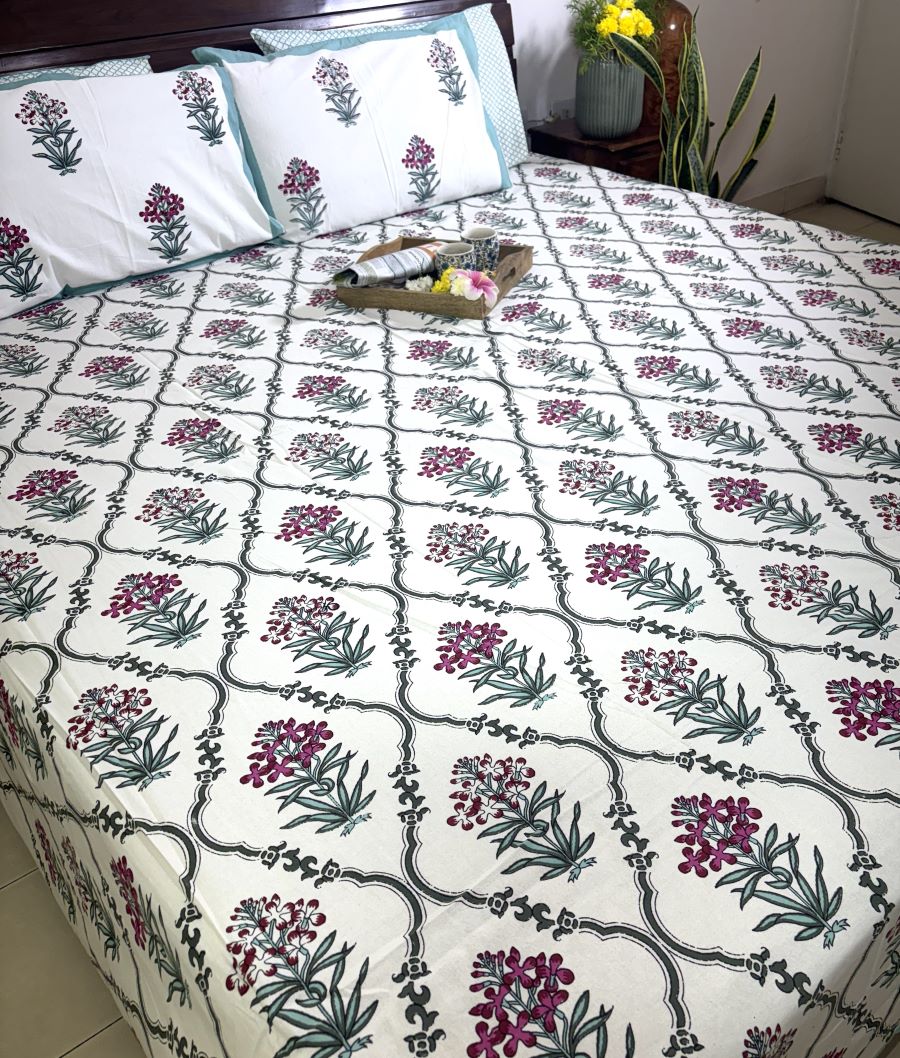 Pink Lilly Motif Jaal  Hand Block Bedsheet with 2 Pillow Cover Set - 220TC