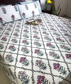 Pink Lilly Motif Jaal  Hand Block Bedsheet with 2 Pillow Cover Set - 220TC