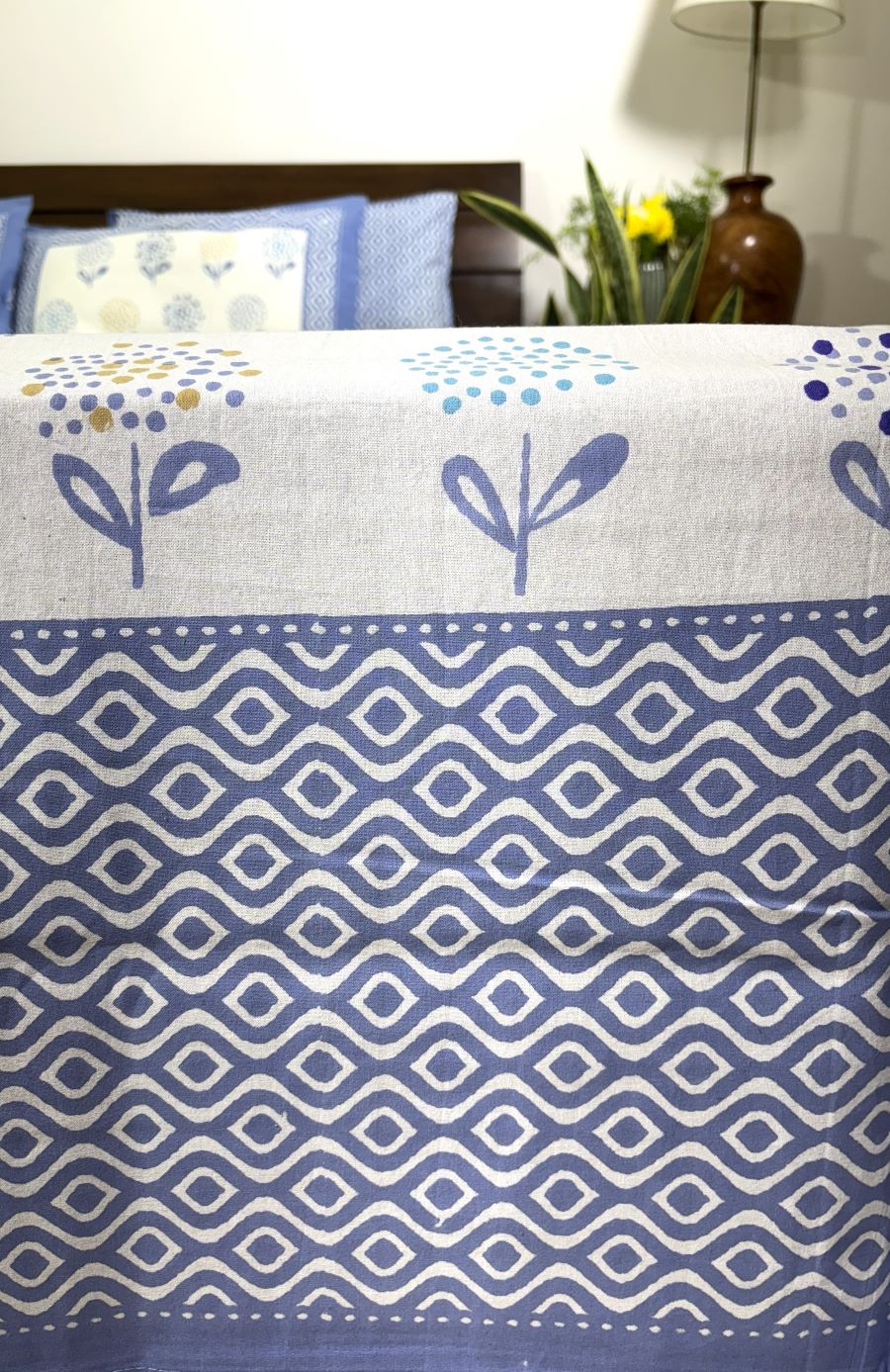 Soft Blue Guldaudi Hand Block Bedsheet with 2 Pillow Covers Set - 220TC