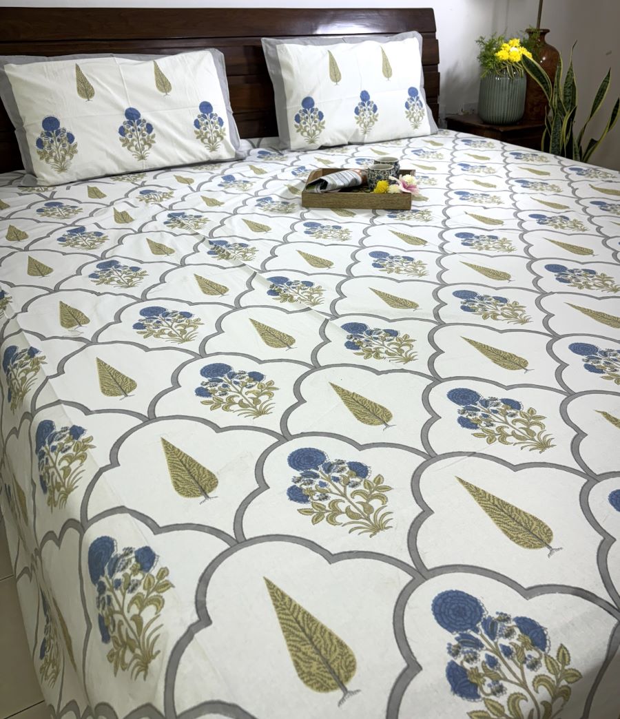 Blue Gulbahar Sunflower Hand Block Bedsheet with 2 Pillow Cover Set - 220TC