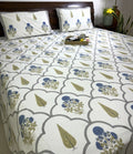 Blue Gulbahar Sunflower Hand Block Bedsheet with 2 Pillow Cover Set - 220TC