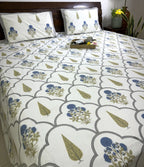 Blue Gulbahar Sunflower Hand Block Bedsheet with 2 Pillow Cover Set - 220TC