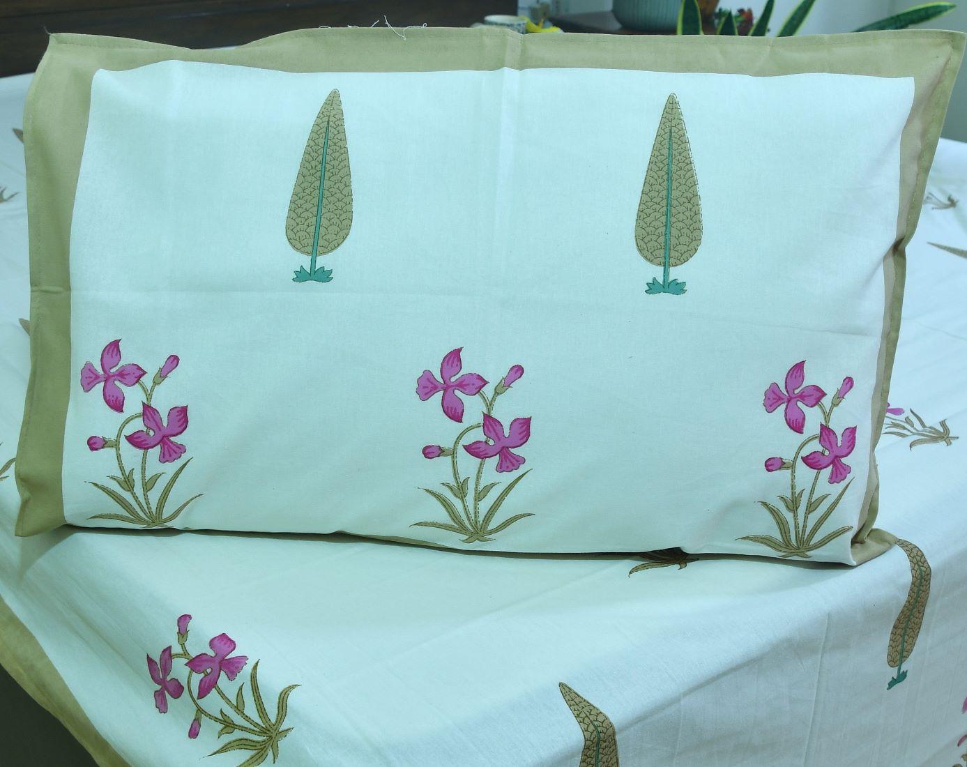 Pink Lilly Gulbahaar Hand Block Bedsheet with 2 Pillow Cover Set - 220TC