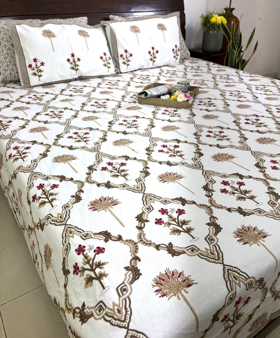Brown Lilly Flower Jaal  Hand Block Bedsheet with 2 Pillow Cover Set - 220TC