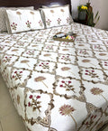 Brown Lilly Flower Jaal  Hand Block Bedsheet with 2 Pillow Cover Set - 220TC