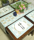 Mehndi Green & Blue Petal Hand Block Cotton Canvas Table Runner & Mat Set