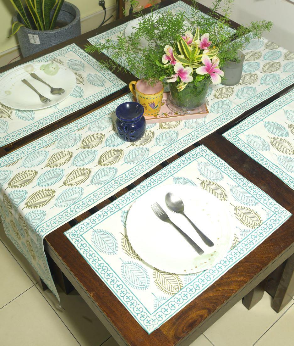 Mehndi Green & Blue Petal Hand Block Cotton Canvas Table Runner & Mat Set