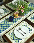 Blue & Green Hand Block Cotton Canvas Table  Runner & Mat Set