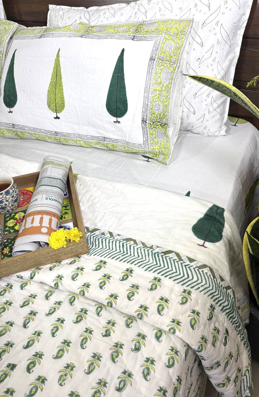 Green Tree Motif Patterns Hand Block Quilt/ Razai