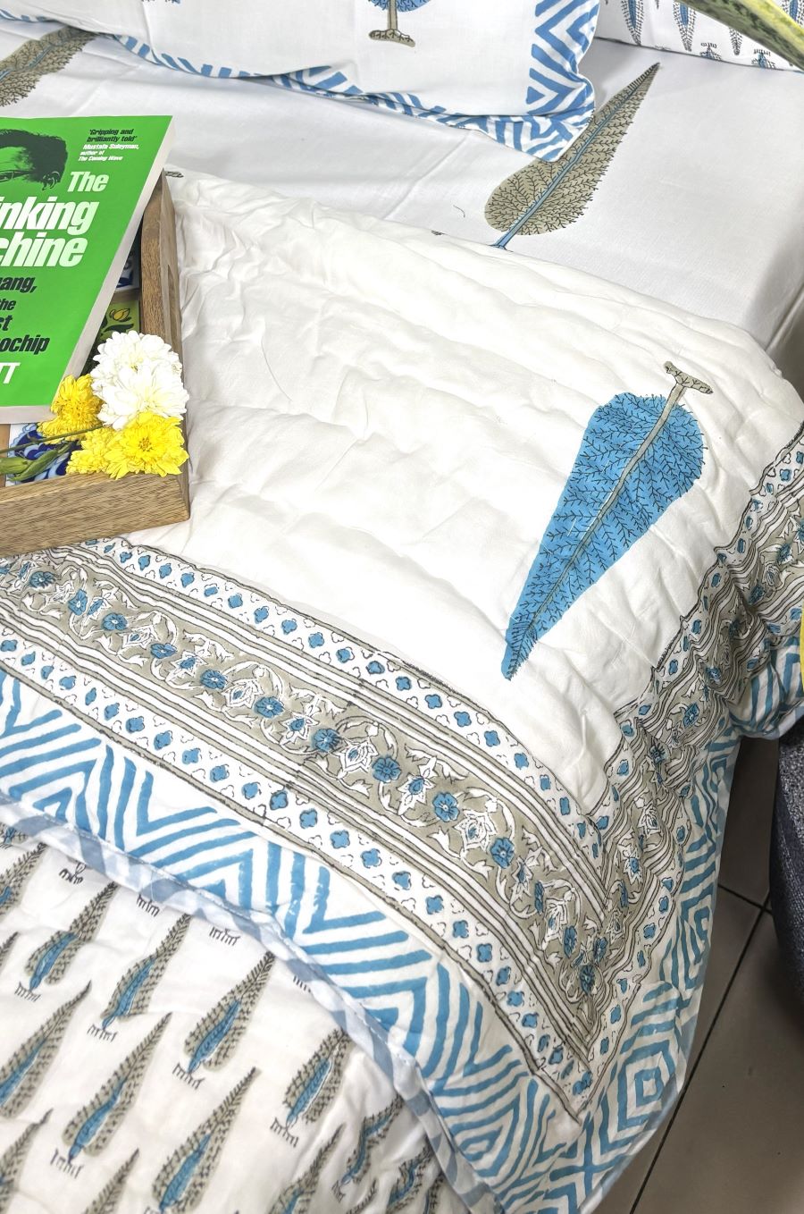 Blue Tree Motif Patterns Hand Block Quilt/ Razai