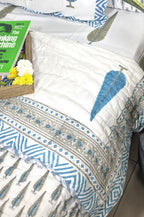 Blue Tree Motif Patterns Hand Block Quilt/ Razai