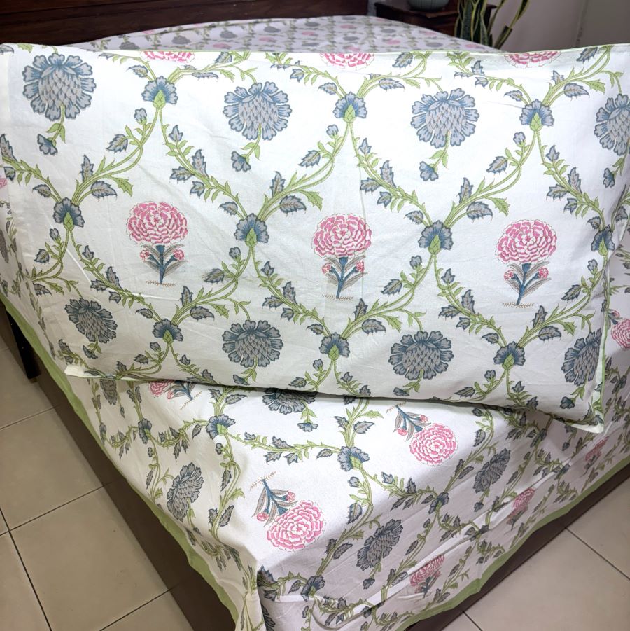 Jacobean floral Pink & Grey Hand Block Bedsheet with 2 Pillow Cover Set - 220TC