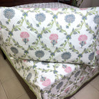 Jacobean floral Pink & Grey Hand Block Bedsheet with 2 Pillow Cover Set - 220TC